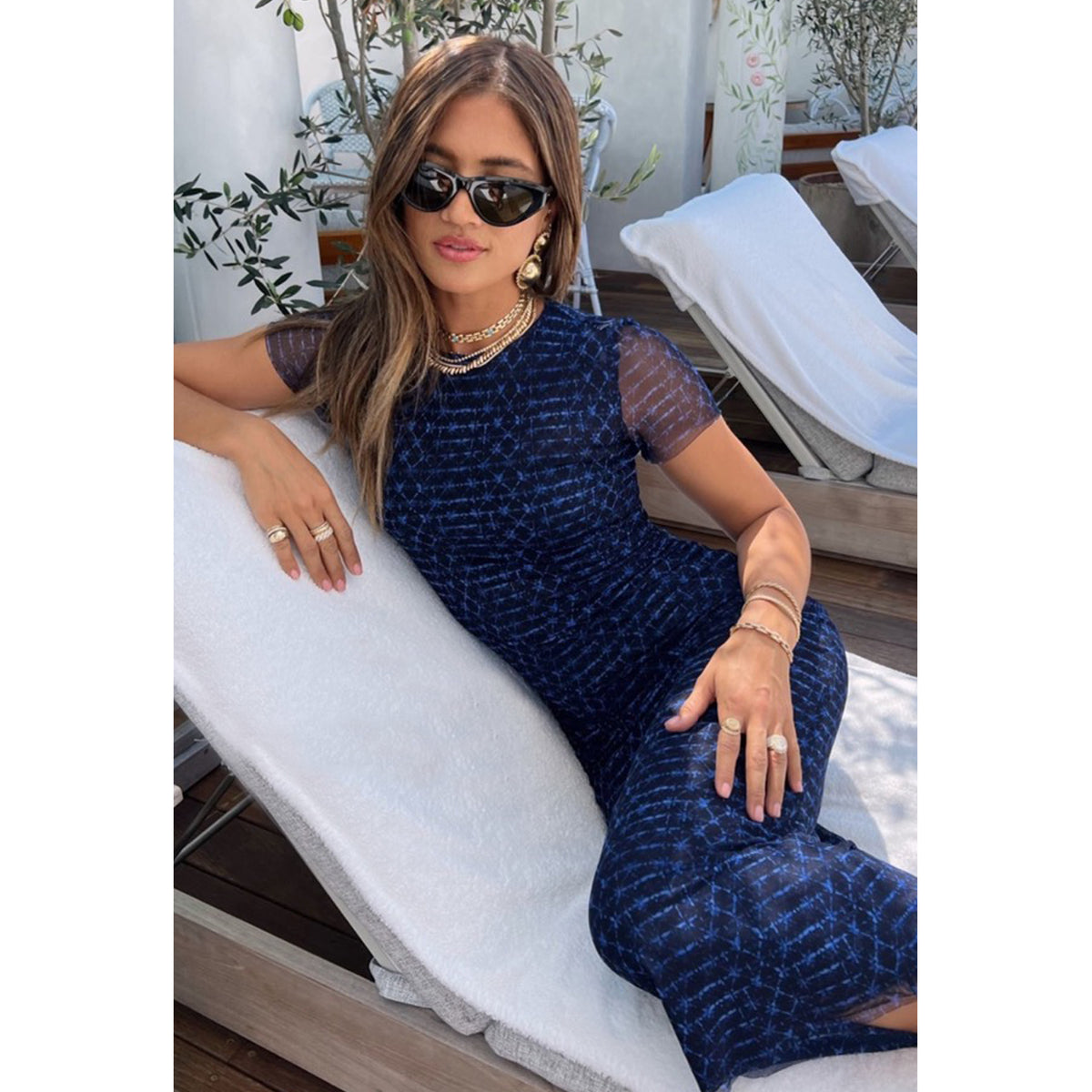 Misa Vanessa Short Sleeve Mesh Midi Dress in Midnight Shibori