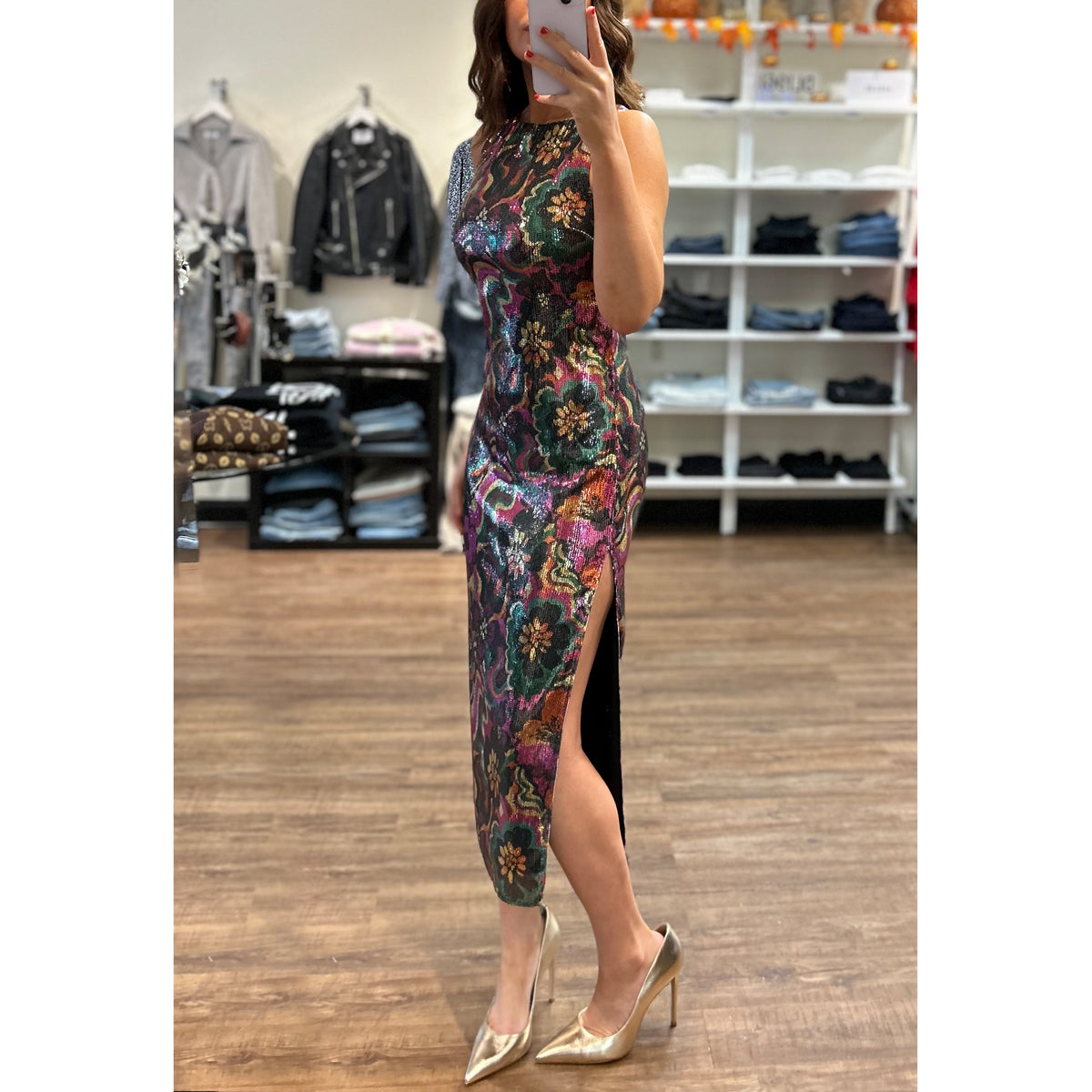 Misa Nakia Sleeveless Sequin Midi Dress in Flora Groove Print
