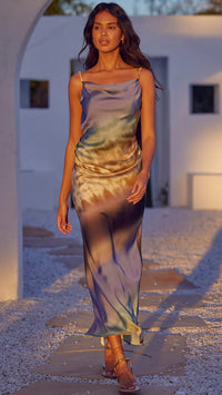 Misa Livia Satin Cowl Dress in Cerulean Ombre