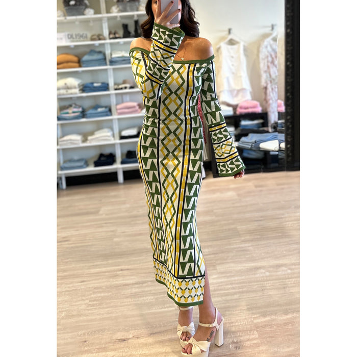 Misa Jaquetta Knit Midi Dress in Limoncello Geo Jacquard