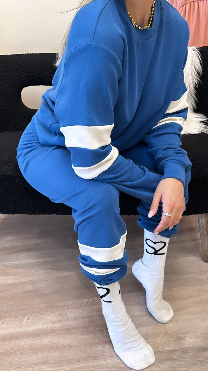 Michael Lauren Roka Sweatpants in Mykonos Blue/Ivory