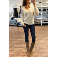 Naadam Alpaca-Blend Open Stitch V-Neck Sweater in White