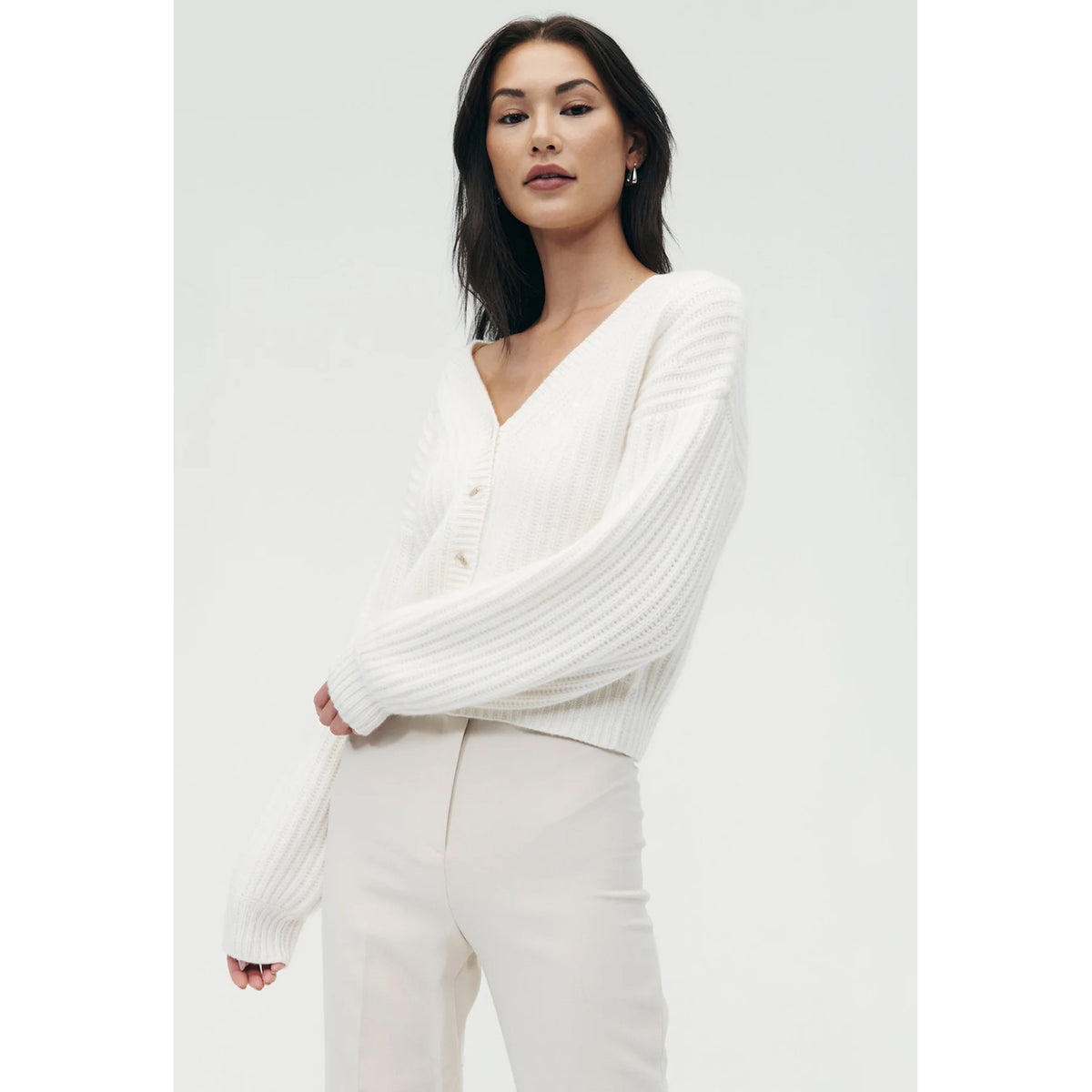 Naadam Cashmere Super Luxe Fisherman Balloon Sleeve Cardigan in White