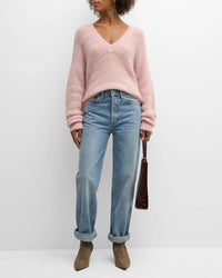 Naadam Alpaca-Blend Open Stitch V-Neck Sweater in Blush