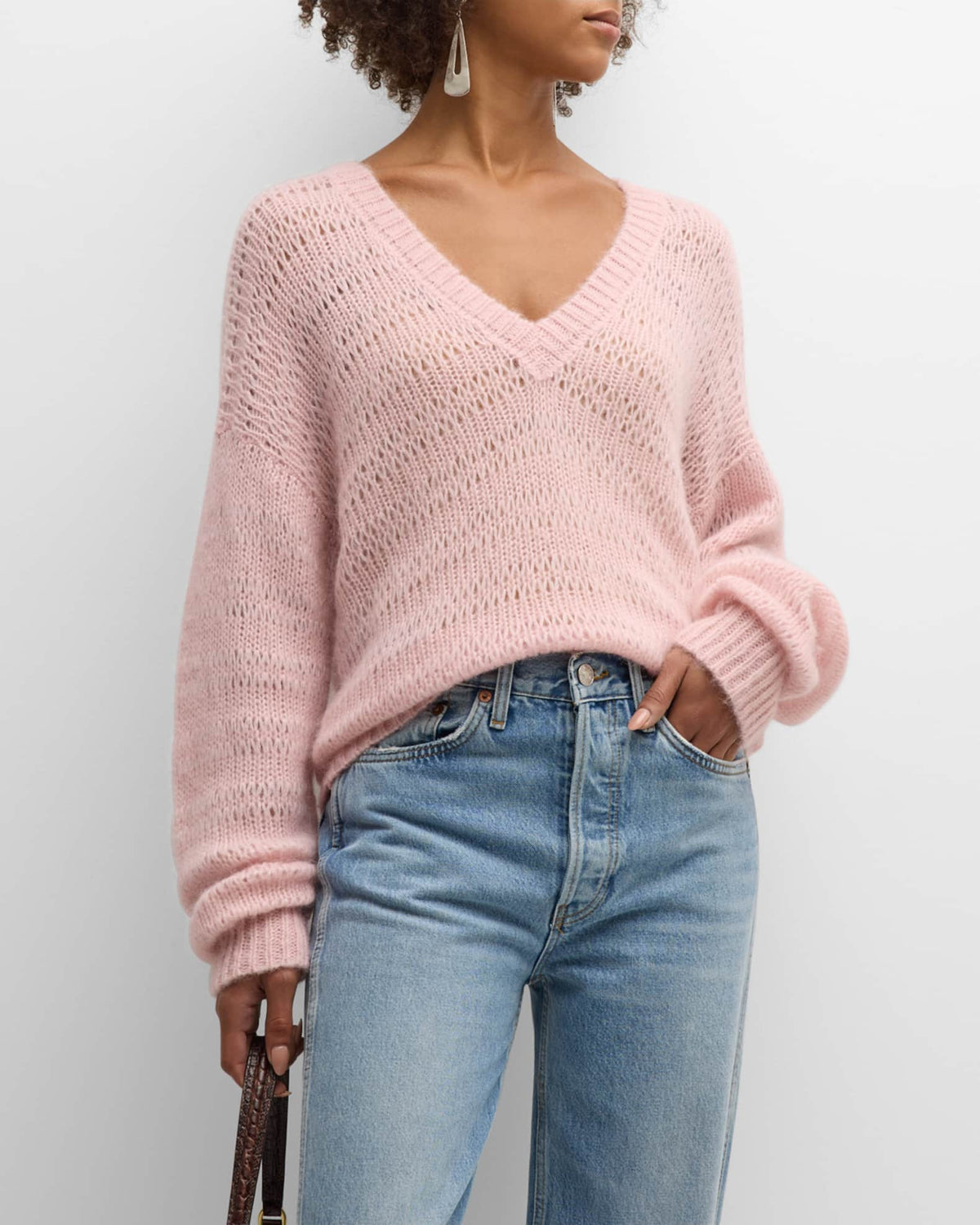 Naadam Alpaca-Blend Open Stitch V-Neck Sweater in Blush