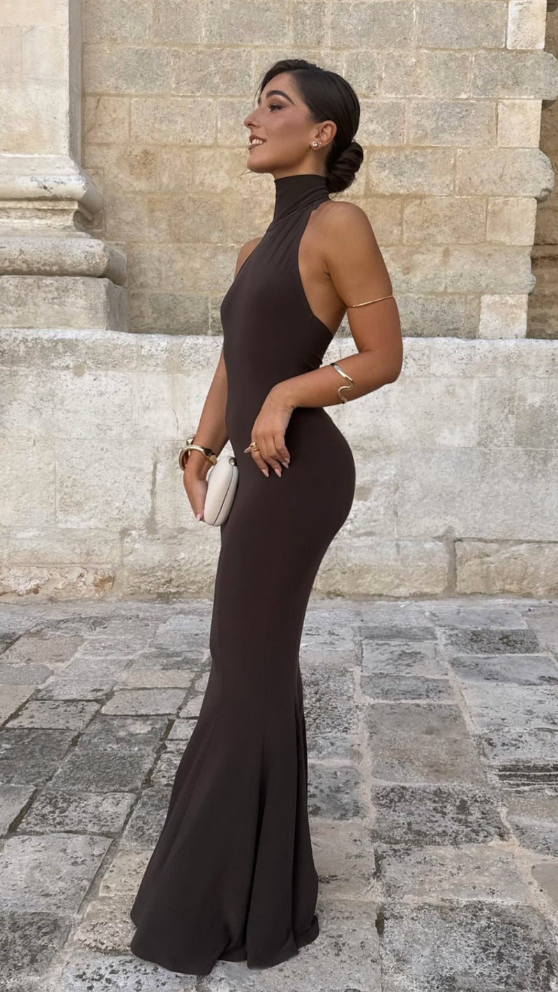 Norma Kamali Turtle Neck Halter Fishtail Gown in Chocolate