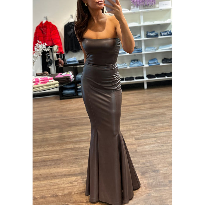 Norma Kamali Strapless Faux Leather Fishtail Gown in Chocolate