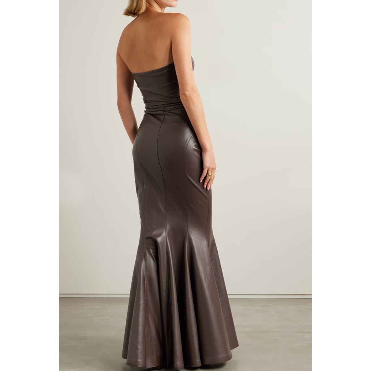 Norma Kamali Strapless Faux Leather Fishtail Gown in Chocolate