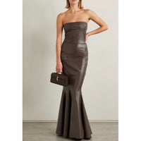 Norma Kamali Strapless Faux Leather Fishtail Gown in Chocolate