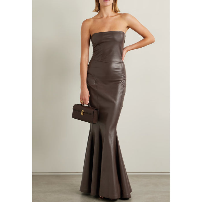 Norma Kamali Strapless Faux Leather Fishtail Gown in Chocolate