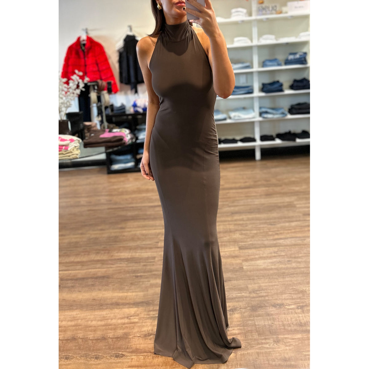 Norma Kamali Turtle Neck Halter Fishtail Gown in Chocolate