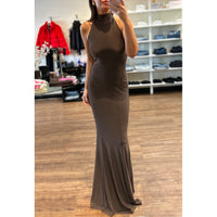 Norma Kamali Turtle Neck Halter Fishtail Gown in Chocolate