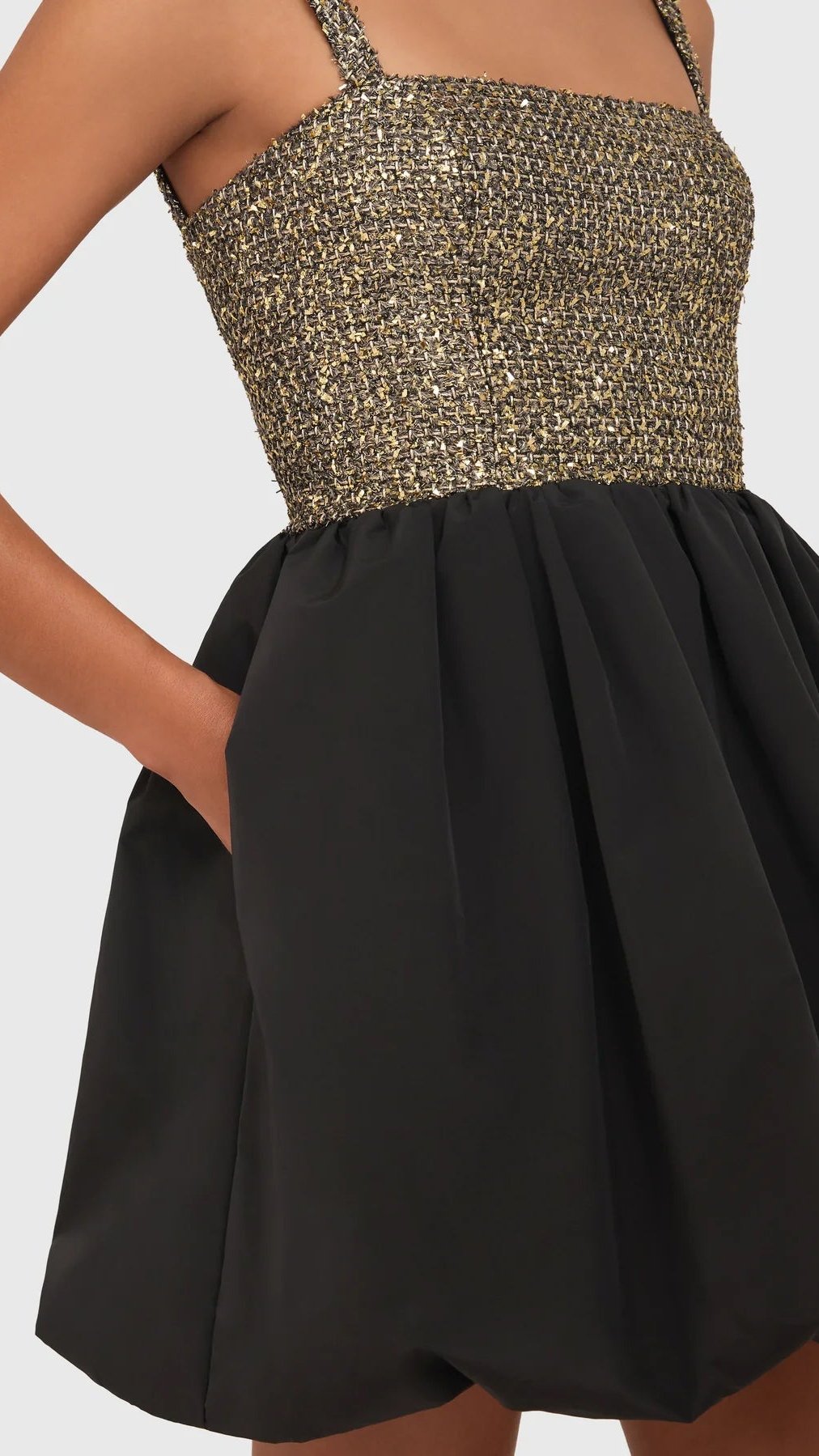 Amanda Uprichard Christine Tweed Bubble Mini Dress in Gold/Black Suite 201 Amanda Uprichard Christine Tweed Bubble Mini Dress in Gold/Black Suite 201