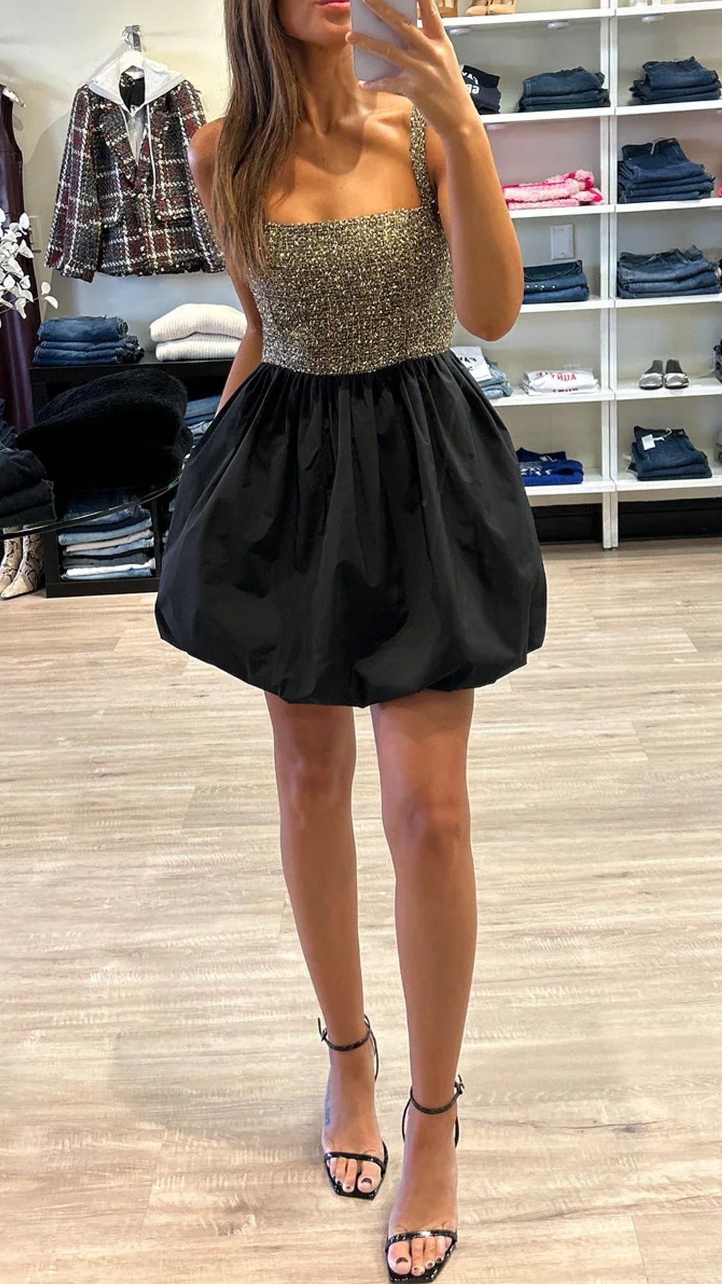 Amanda Uprichard Christine Tweed Bubble Mini Dress in Gold/Black - XS Amanda Uprichard Christine Tweed Bubble Mini Dress in Gold/Black - XS