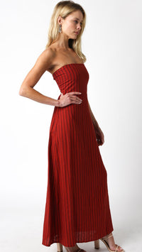 Olivaceous Stacy Strapless Linen Maxi Dress in Scarlet