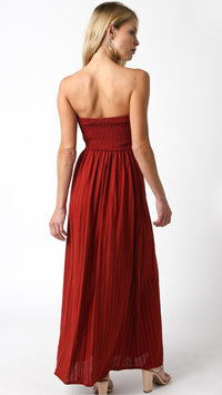 Olivaceous Stacy Strapless Linen Maxi Dress in Scarlet