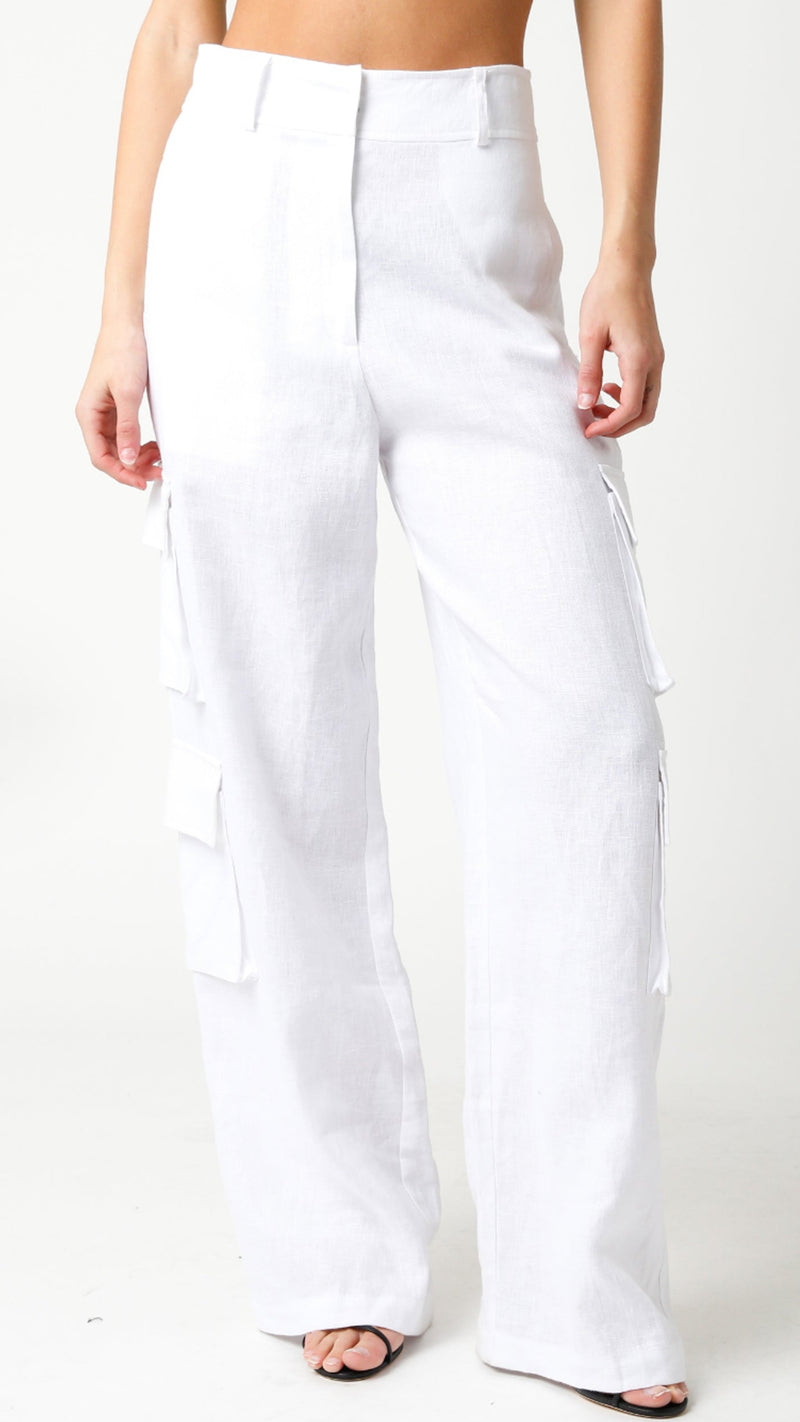 Olivaceous Tracy Linen Cargo Pants in White