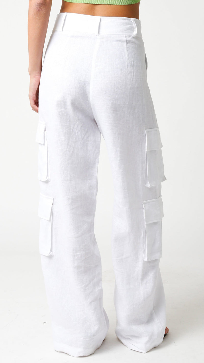 Olivaceous Tracy Linen Cargo Pants in White