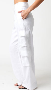 Olivaceous Tracy Linen Cargo Pants in White