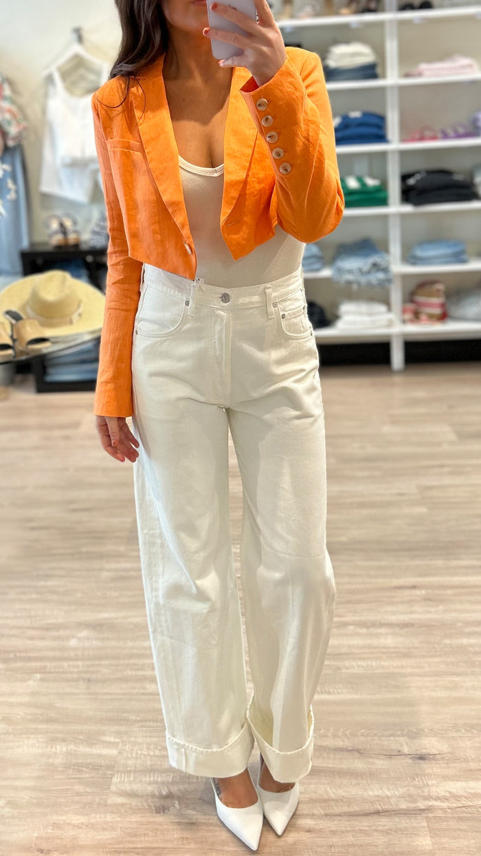 Olivaceous Villie Cropped Linen Blazer in Orange