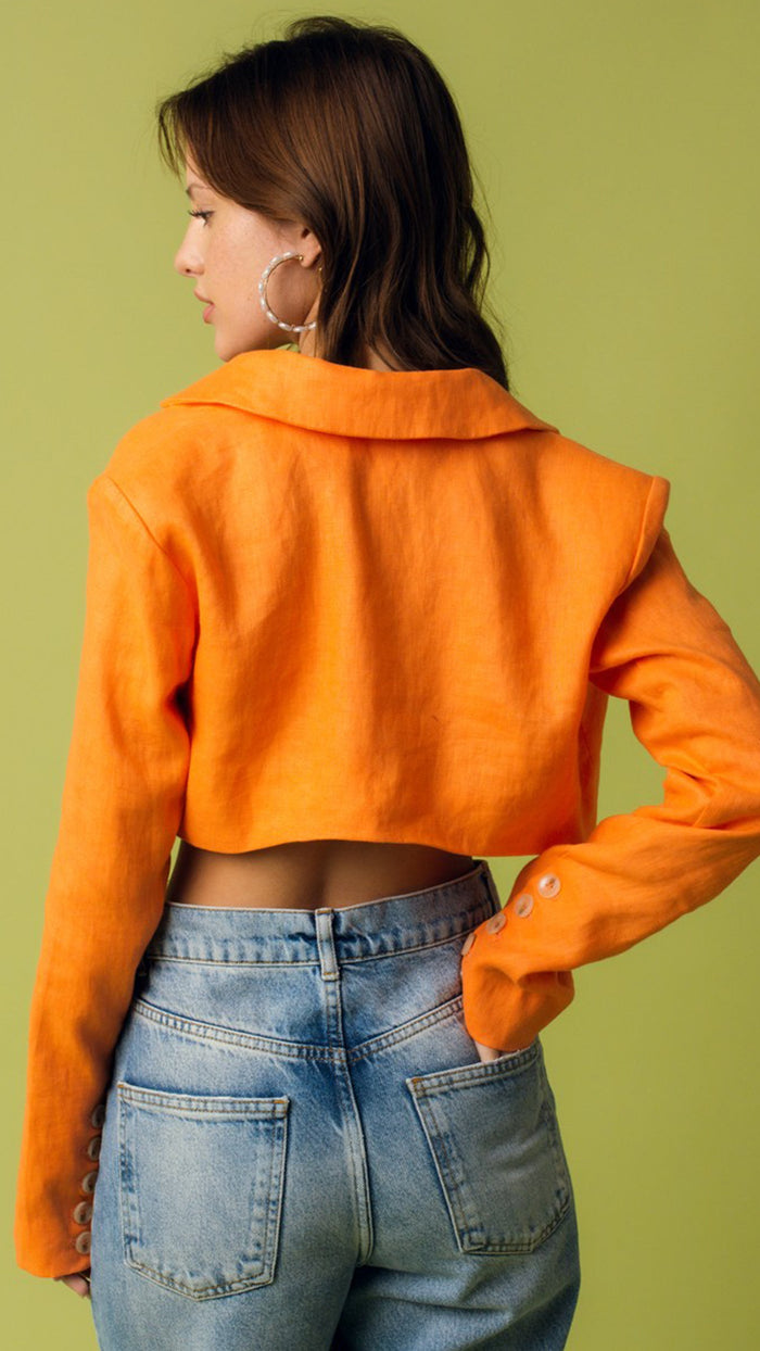 Olivaceous Villie Cropped Linen Blazer in Orange