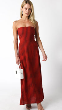 Olivaceous Stacy Strapless Linen Maxi Dress in Scarlet