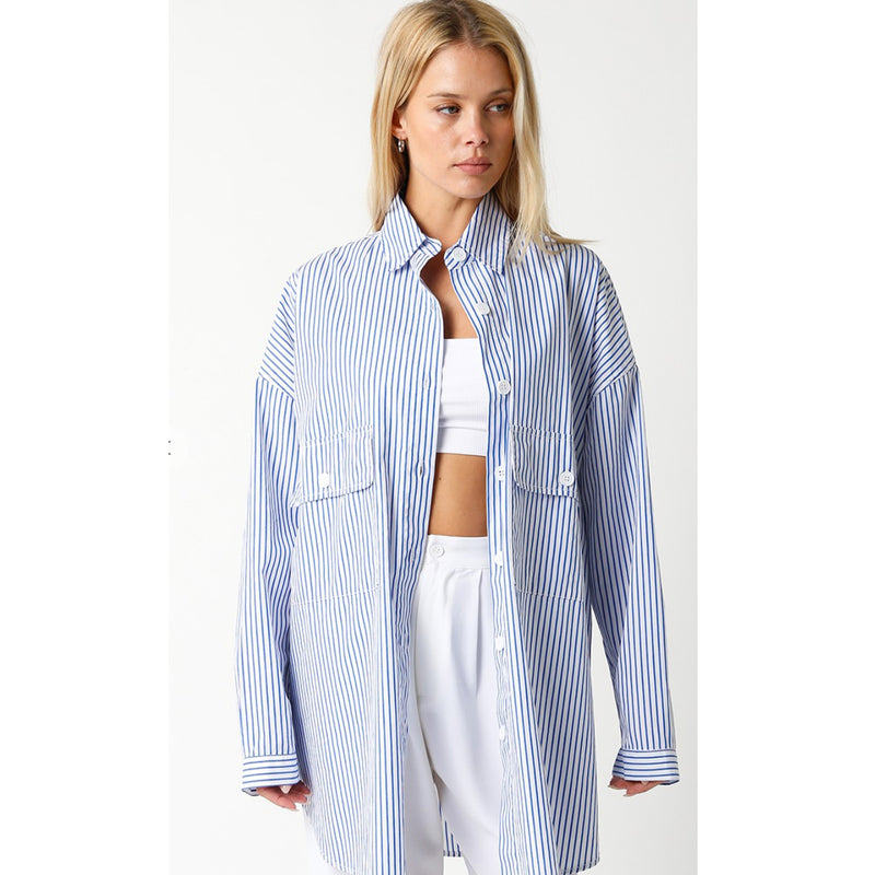 Olivaceous Allison Oversized Button Down Shirt in Blue Stripe