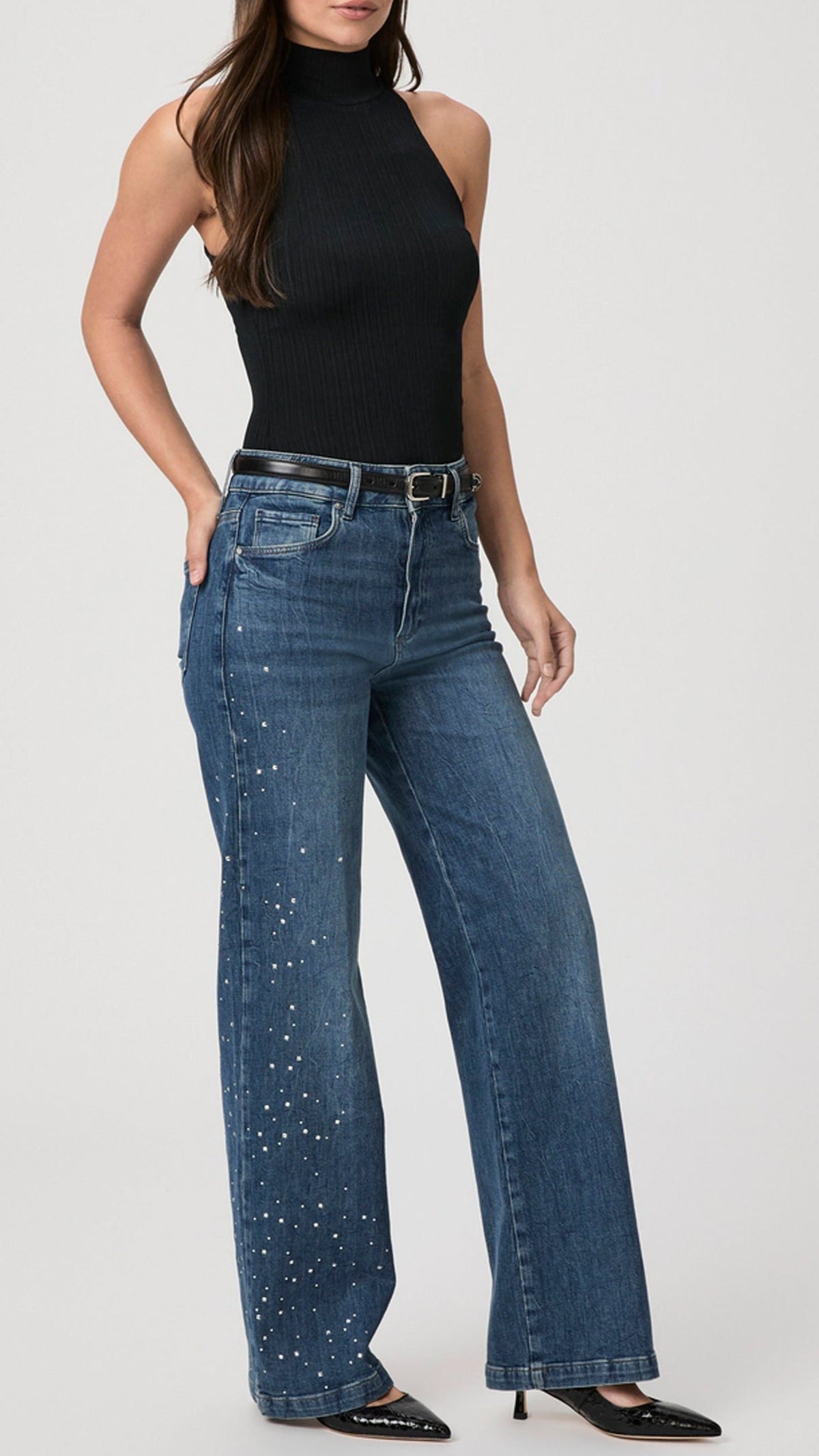Paige Denim Sasha 32" High Rise Wide Leg Jean in Laurena Embellished
