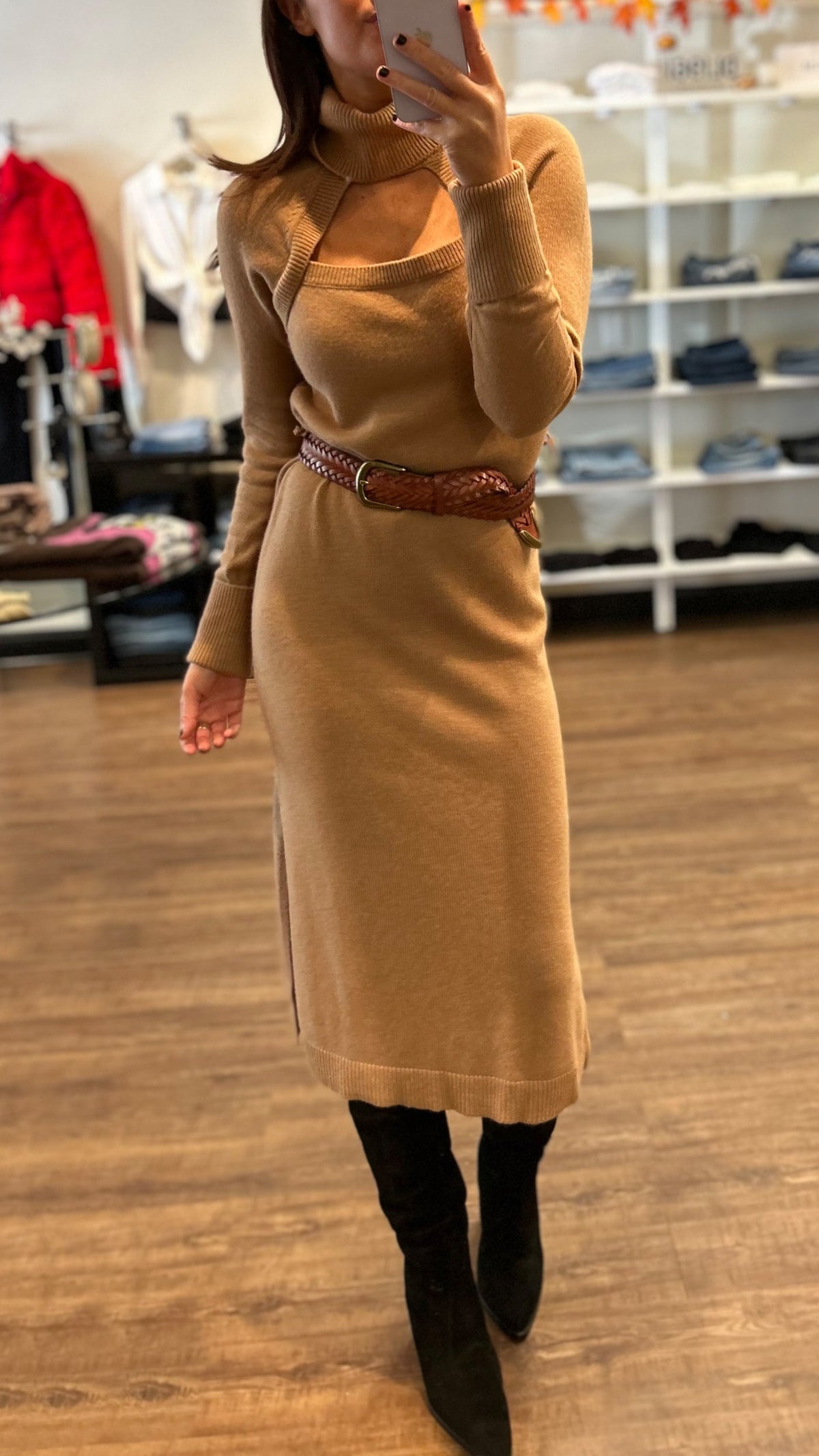 Paige Denim Cherise Cutout Sweater Midi Dress in Toffee