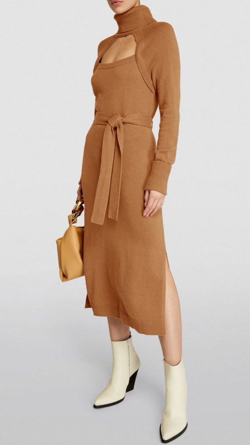 Paige Denim Cherise Cutout Sweater Midi Dress in Toffee