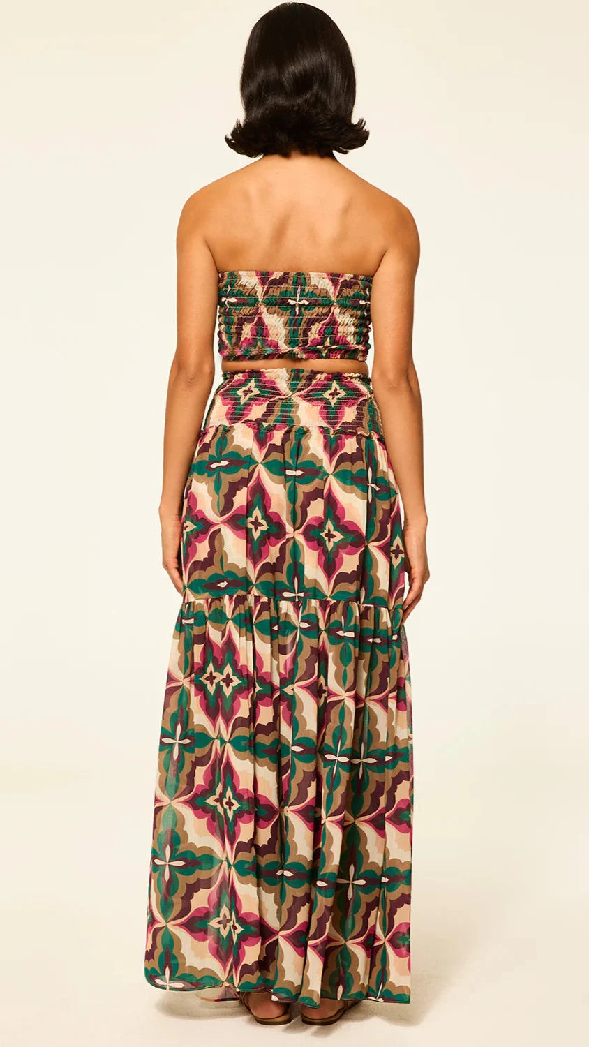 Misa Roksana Smocked Crop Top in Prismatic Fuchsia Tile