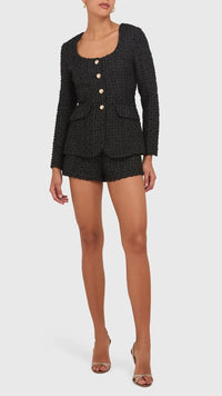Amanda Uprichard Kya Long Sleeve Tweed Romper in Black