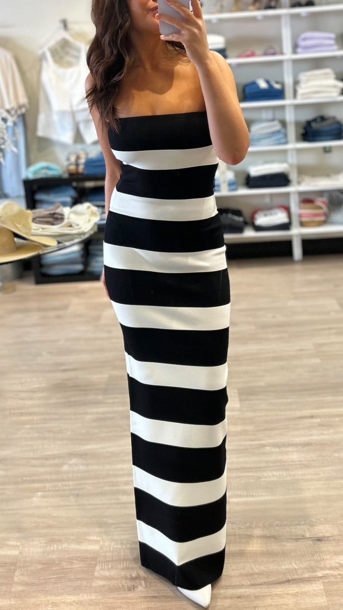 Ronny Kobo Lehua Strapless Knit Gown in Black/White Stripe