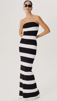 Ronny Kobo Lehua Strapless Knit Gown in Black/White Stripe