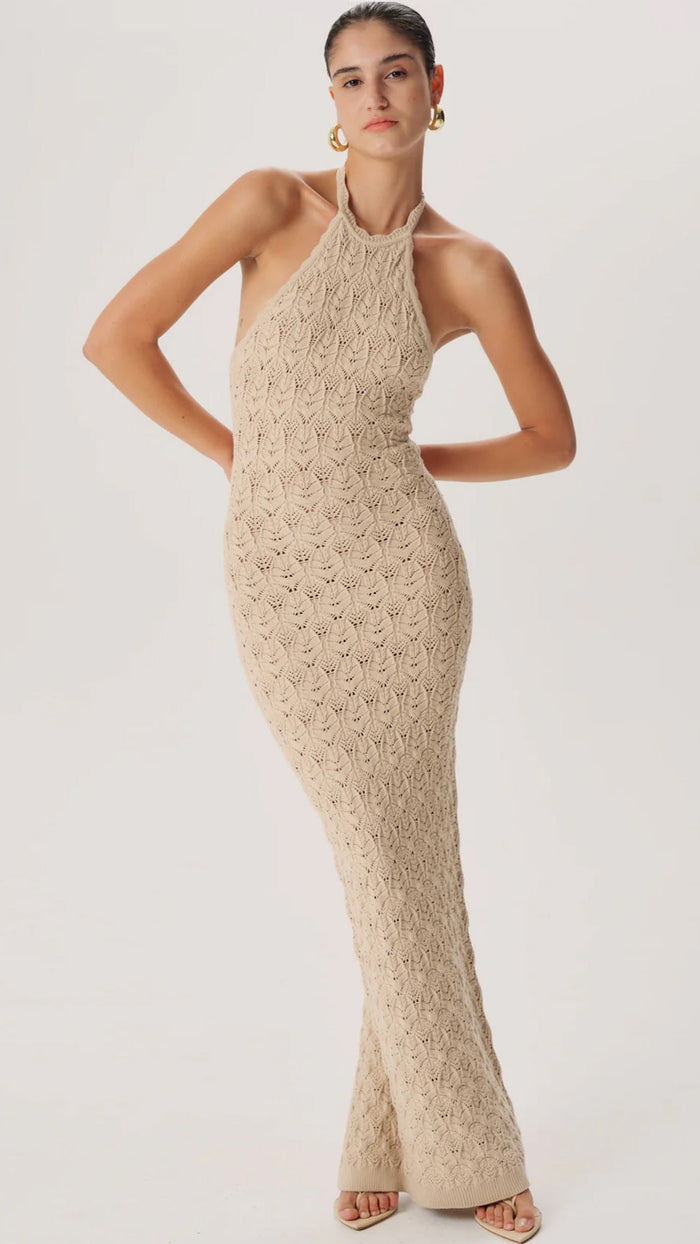Ronny Kobo Kaiden Halter Knit Maxi Dress in Ecru