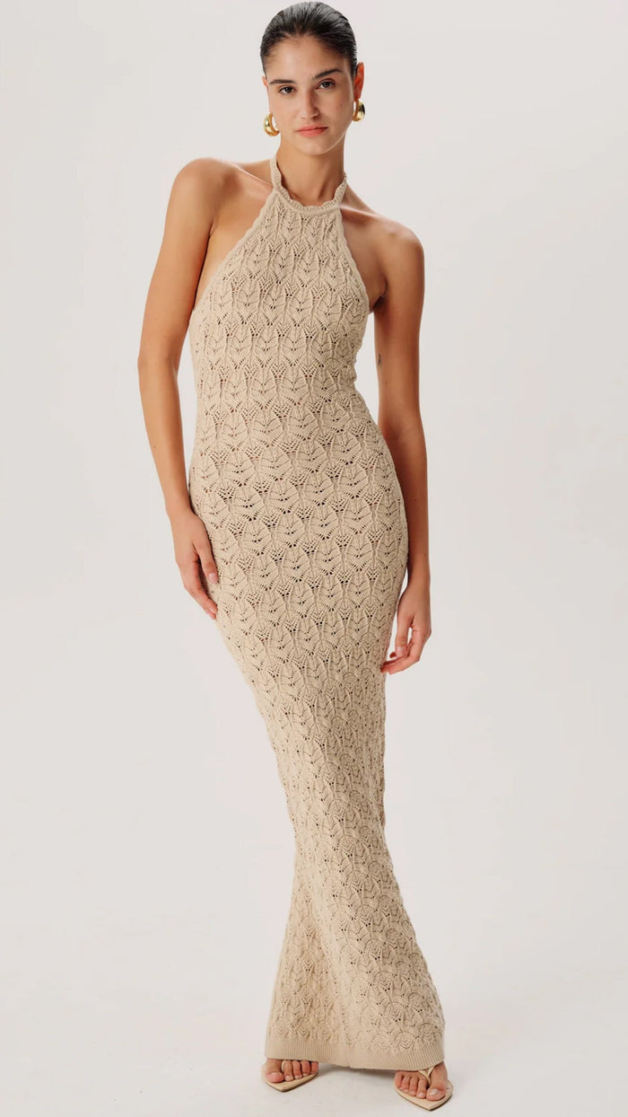 Ronny Kobo Kaiden Halter Knit Maxi Dress in Ecru