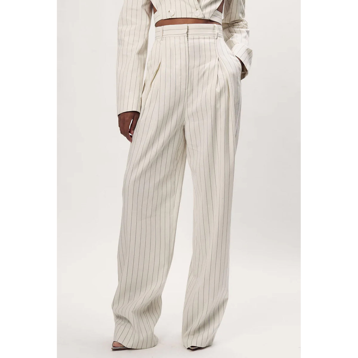 Ronny Kobo Diego High Waisted Pinstripe Wide Leg Pant in Ecru/Blue