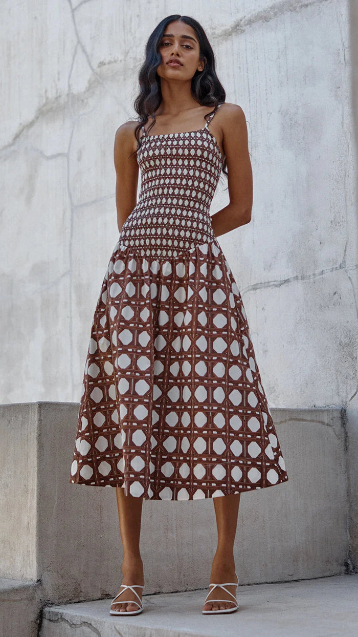 Misa Roxi Smocked Drop Waist Midi Dress in Chocolate Rattan Poplin Mix