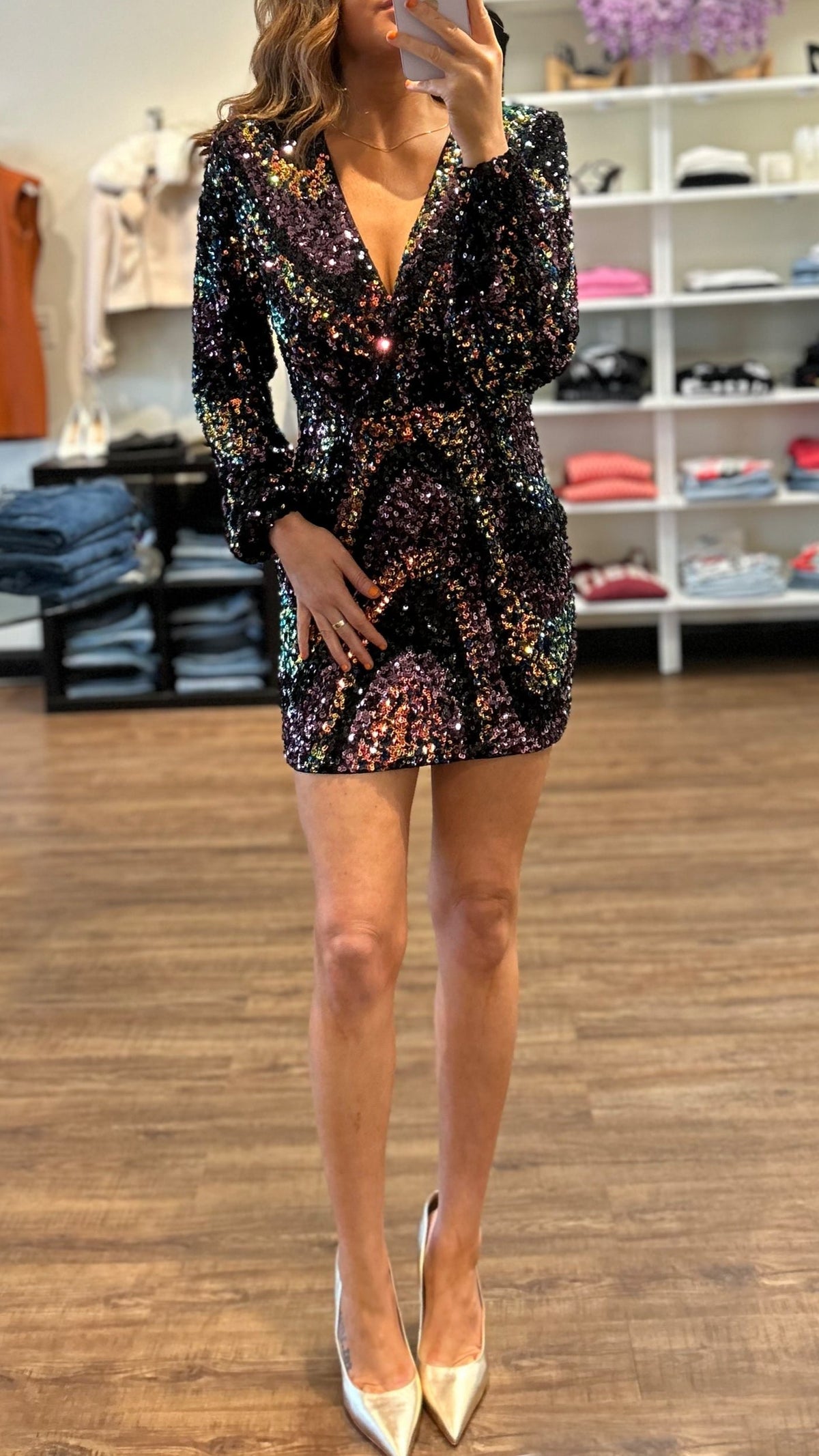 Saylor Rina Sequin Long Sleeve Mini Dress in Multi