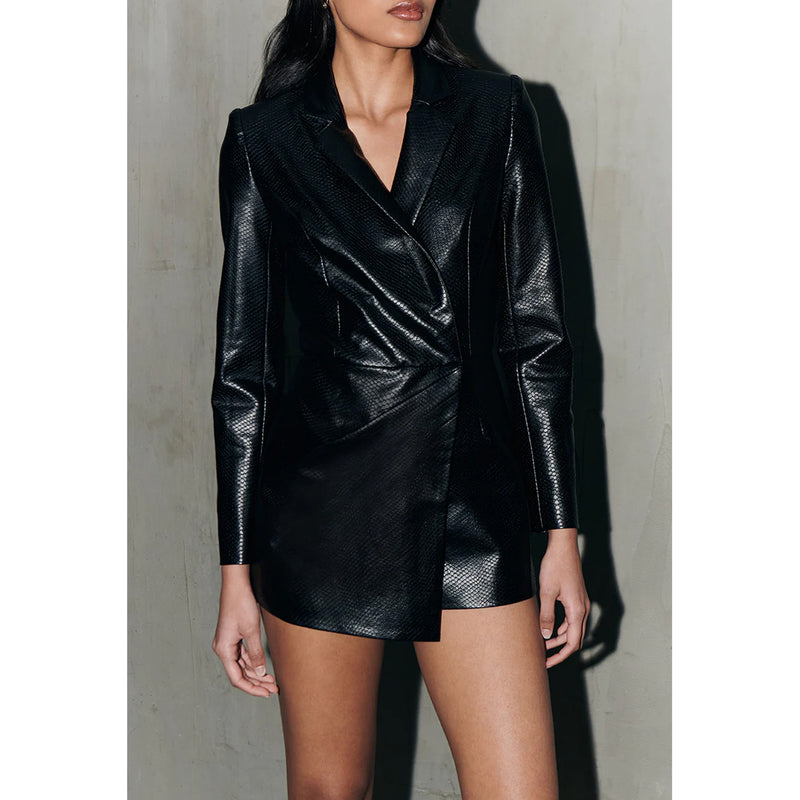 Saylor Rooney Faux Leather Snake Romper in Black