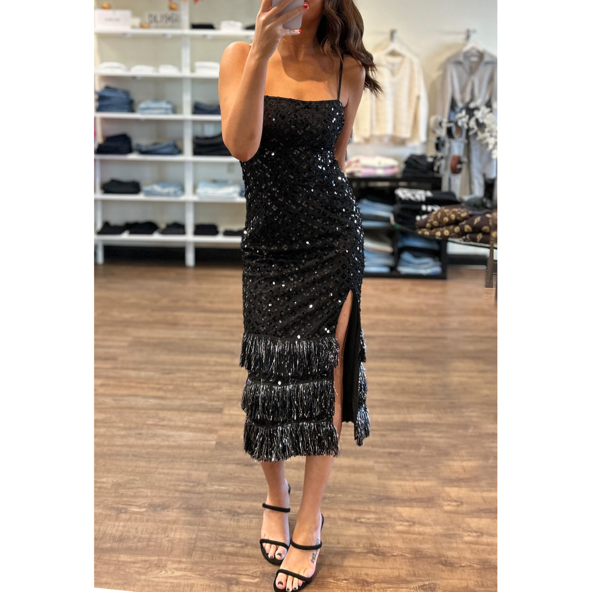 Saylor Michelina Floral Sequin Midi Dress in Black