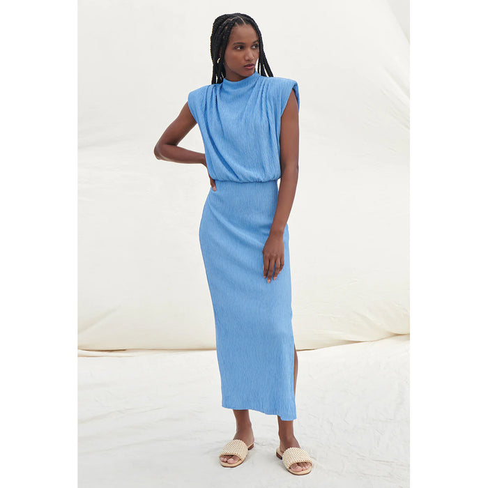Saylor Fione Sleeveless Padded Shoulder Pleated Midi Dress in Cornflower Blue