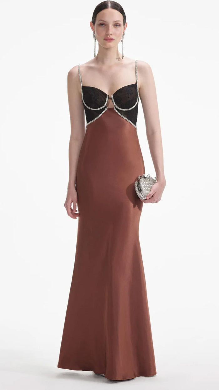 Self Portrait Satin Diamante Gown in Brown