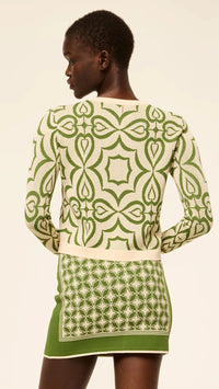 Misa Pansy Knit Cardigan in Green Mosaic Tile Print