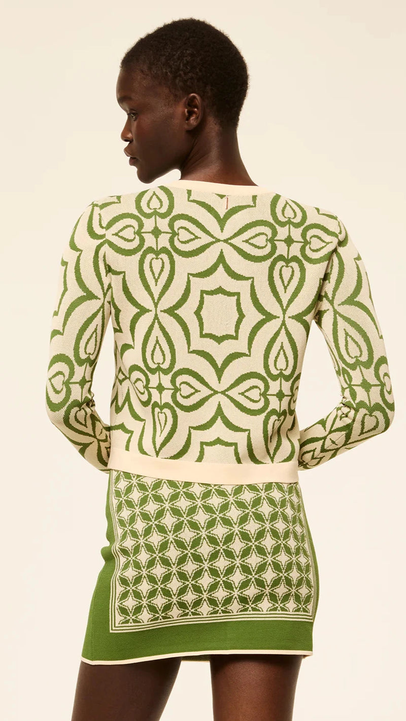 Misa Pansy Knit Cardigan in Green Mosaic Tile Print