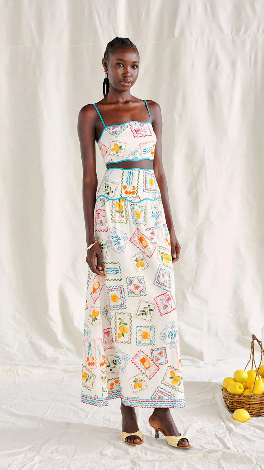 Saylor Tashi Top & Skirt Set in Stamp Print