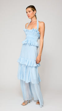 Line and Dot Cari Halter Ruffle Maxi Dress in Light Blue