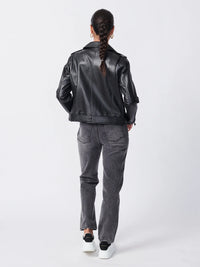 Ena Pelly Smooth New Yorker Leather Jacket in Black/Black