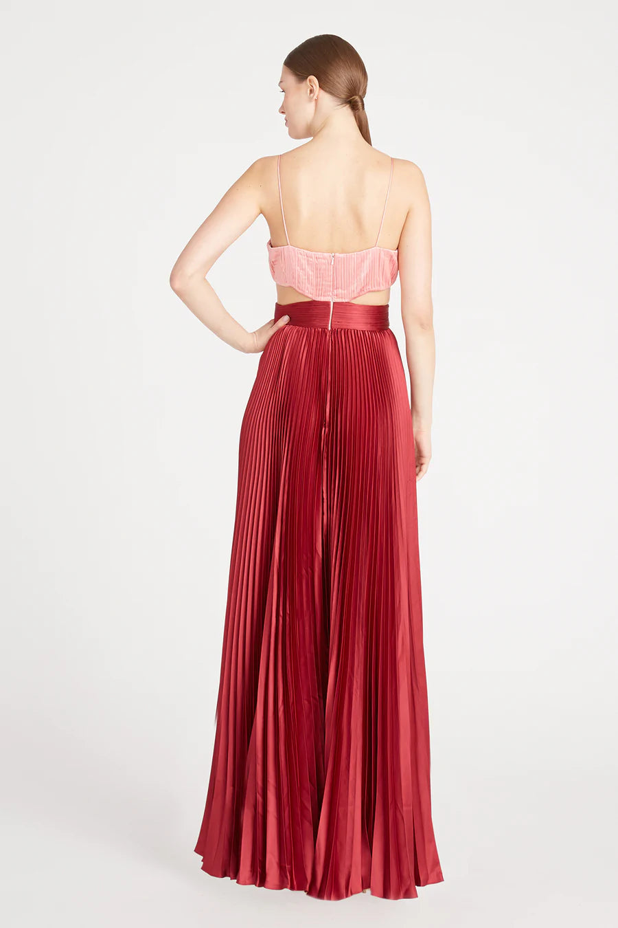 Amur Elodie Pleated Cutout Gown in Peachy Apricot/Red Ochre
