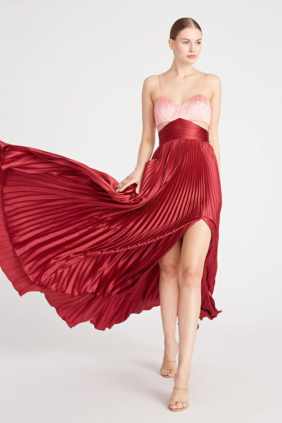 Amur Elodie Pleated Cutout Gown in Peachy Apricot/Red Ochre